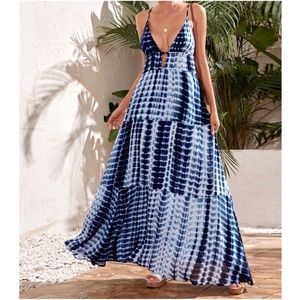Bohemian Blue Tie Dye Cut out Ruffle Maxi Dress